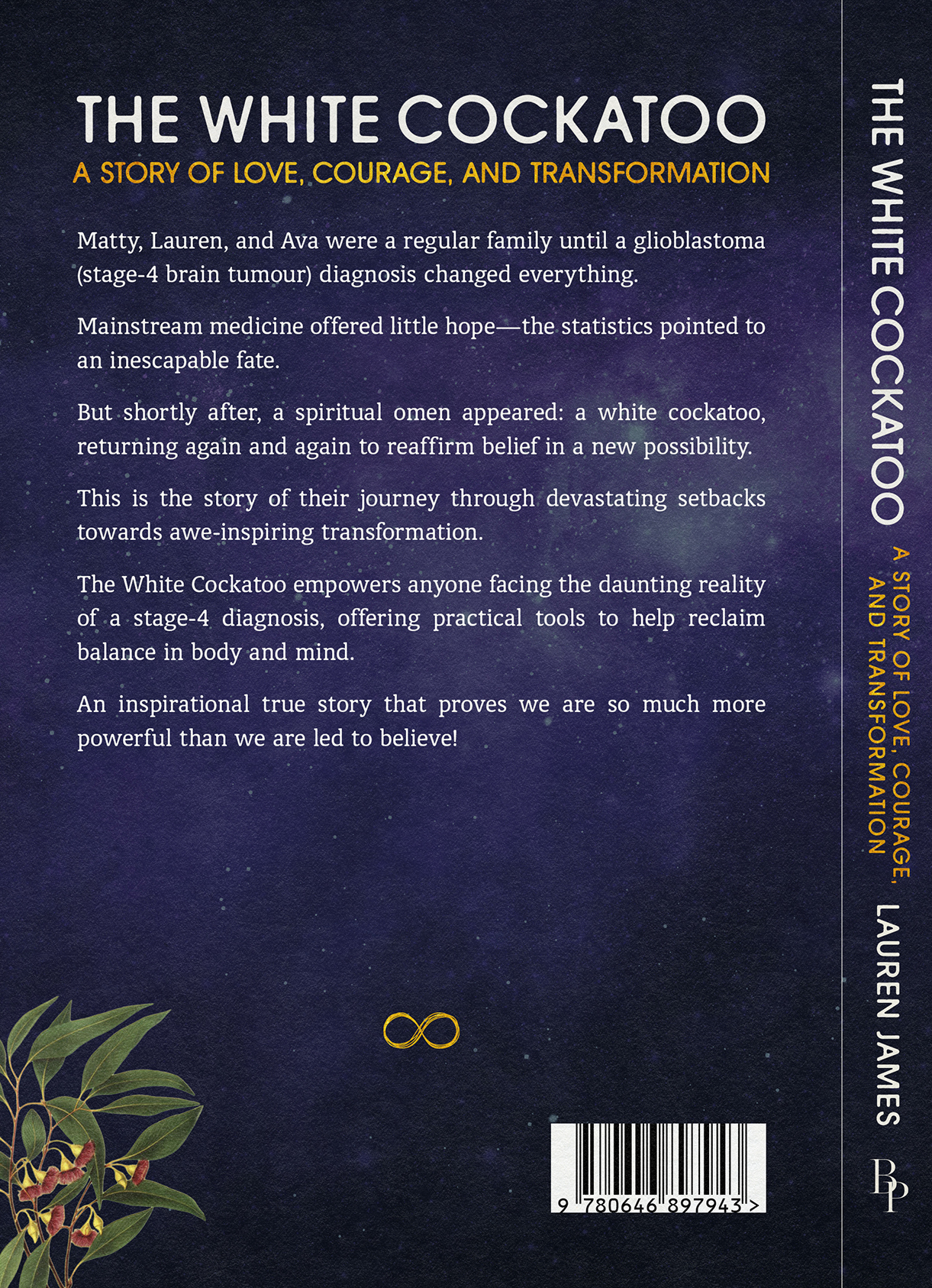 The White Cockatoo back cover, featuring the full synopsis and native Australian botanical illustration.